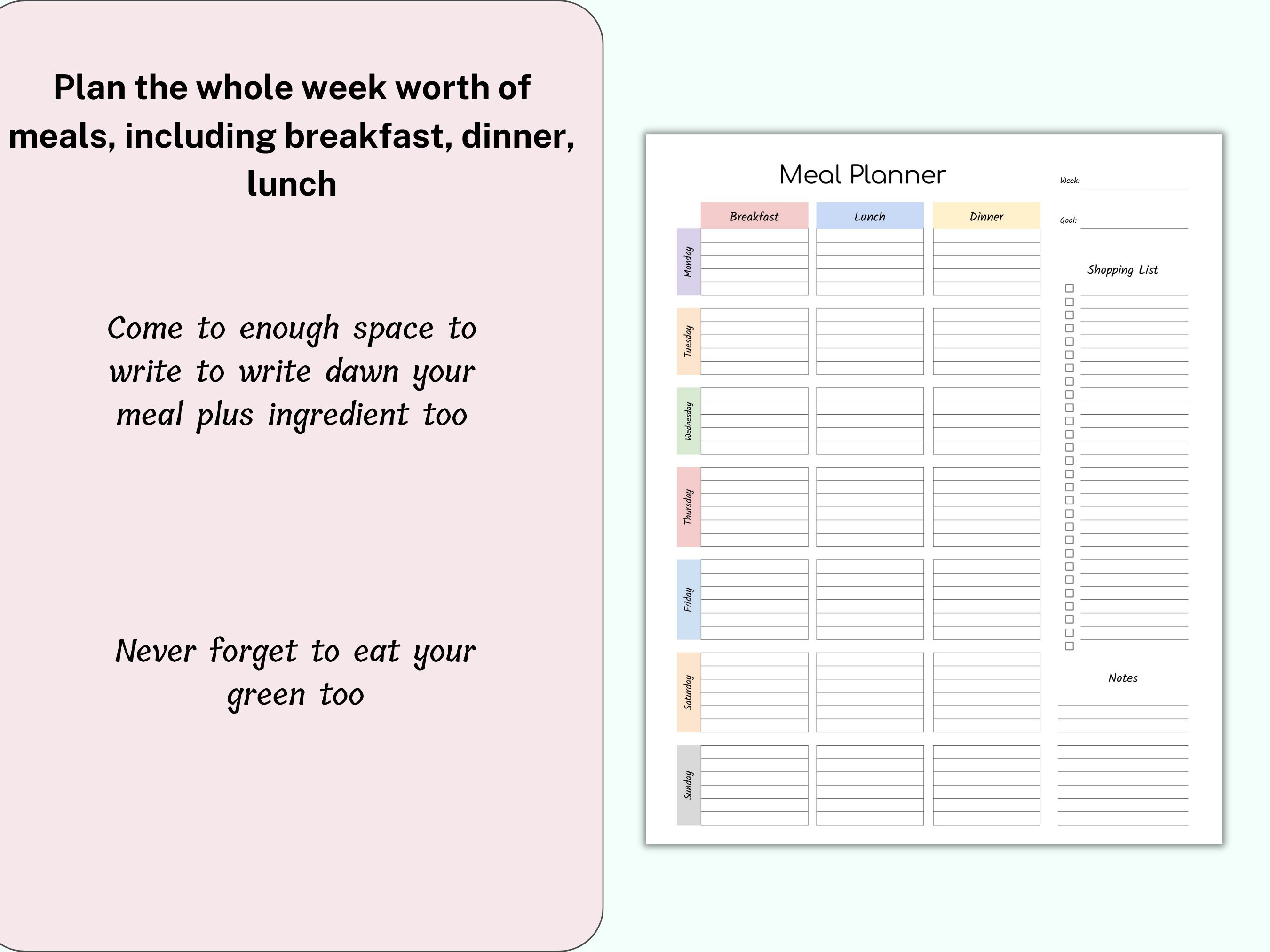 Weekly Meal Planner With Grocery List Printable, Food Prep, 7 Day Menu ...