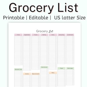 Master GROCERY List druckbare Vorlage, einfache Lebensmittel-Einkaufsliste, Lebensmittel-Checkliste, Bestandsliste, wöchentlicher Essensplaner & Einkaufsliste