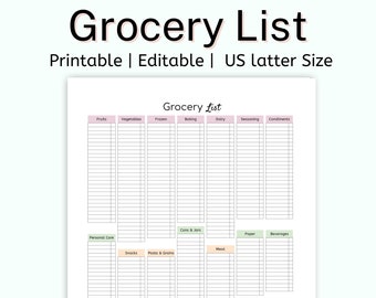 Master GROCERY List Printable Template, Simple Grocery Shopping List, Grocery Checklist, Inventory list, Weekly meal Planner & Grocery List