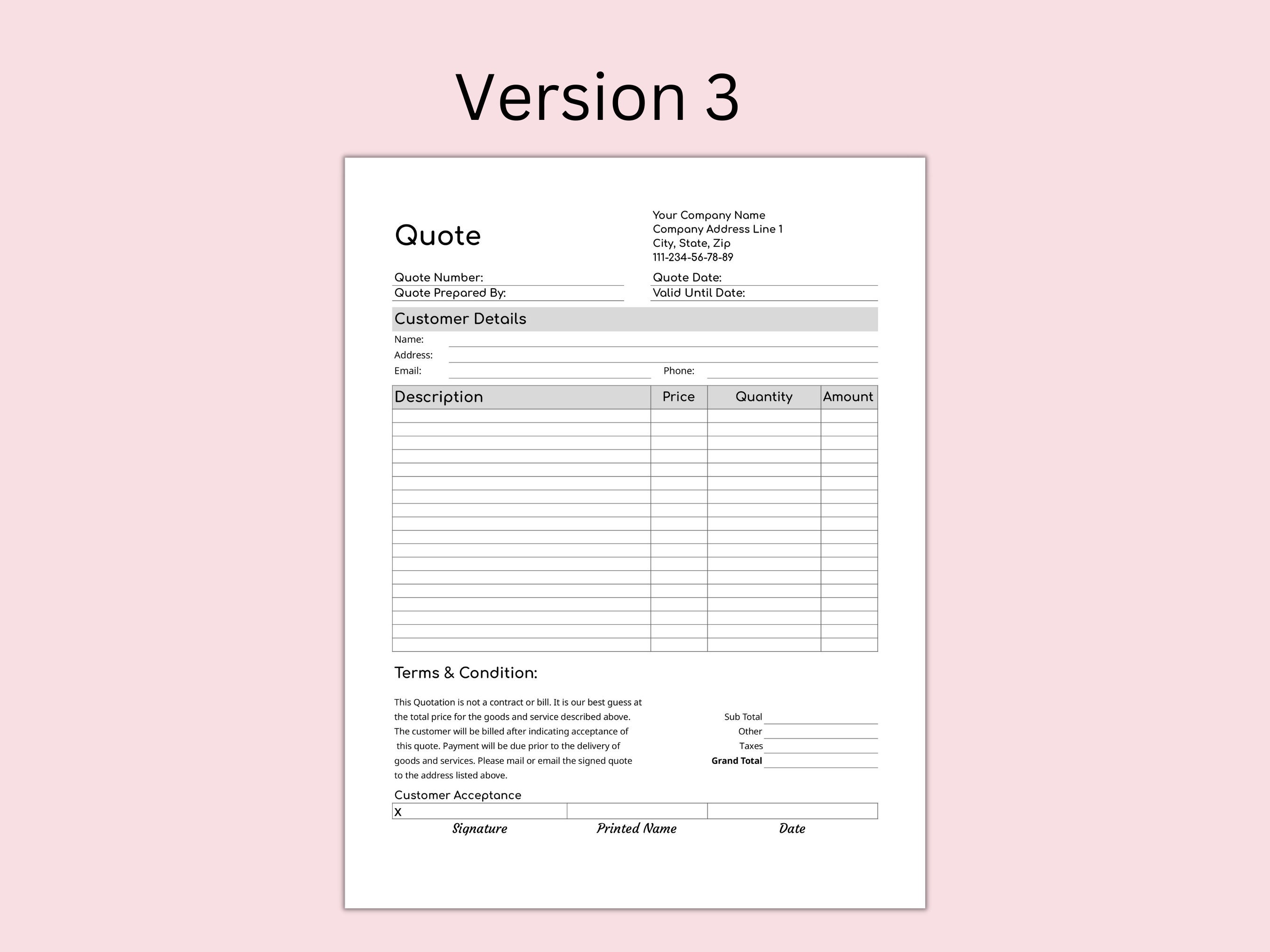 PRICE QUOTE TEMPLATE, Editable Quotation Form, Price Offer Document for ...