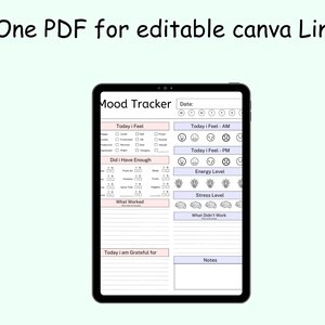 May include: A digital mood tracker template on a tablet screen. The template includes sections for tracking daily feelings, energy levels, stress levels, what worked, what didn't work, and gratitude. The template also includes a section for notes.