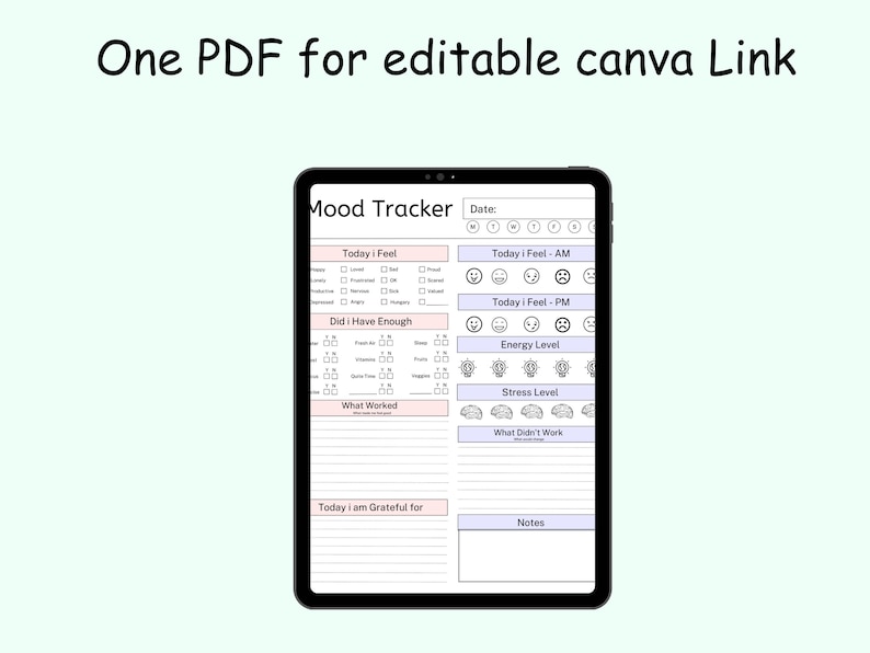 May include: A digital mood tracker template on a tablet screen. The template includes sections for tracking daily feelings, energy levels, stress levels, what worked, what didn't work, and gratitude. The template also includes a section for notes.