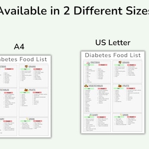 May include: A printable diabetes food list in two sizes: A4 and US Letter. The list is divided into categories: proteins, grains, vegetables, fruits, dairy, and drinks. Each category has a list of foods to eat and avoid.