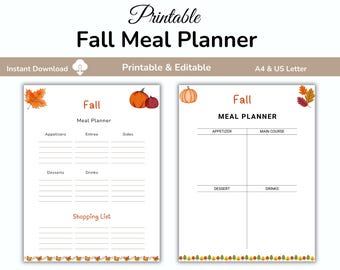 Op de afbeelding: Printbare herfstmaaltijdplanner met een witte achtergrond. De planner bevat secties voor voorgerechten, hoofdgerechten, desserts en drankjes. De bovenkant van de planner heeft de tekst "Fall Meal Planner" en is versierd met pompoenen en herfstbladeren.