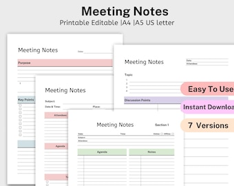 Meeting Minutes Template Printable, Meeting Notes, Meeting Agenda, Business Note Taking, Project Planner Editable, Cornell Notes Editable A4