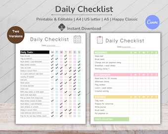 Bearbeitbare tägliche Checkliste, wöchentliche Aufgabenliste, Checkliste für die tägliche Arbeit, Tagesplaner für Kinder, Diagramm für die Verantwortung von Kindern, Homeschool-Zeitplan, Canva
