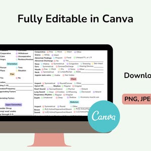 May include: A computer monitor displays a medical assessment form, with sections for patient information and physical examination details. The screen also features the text "Fully Editable in Canva" and options to download in PNG, JPEG, and PDF formats.