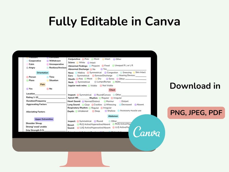 May include: A computer monitor displays a medical assessment form, with sections for patient information and physical examination details. The screen also features the text "Fully Editable in Canva" and options to download in PNG, JPEG, and PDF formats.