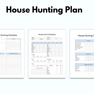 May include: Printable house hunting planner with three sections: a schedule, a checklist, and notes. The schedule section has columns for days of the week, one big thing, today's schedule, and positive about places. The checklist section has columns for address, square footage, price, and other details. The notes section has space for location, home score, and neighborhood score.