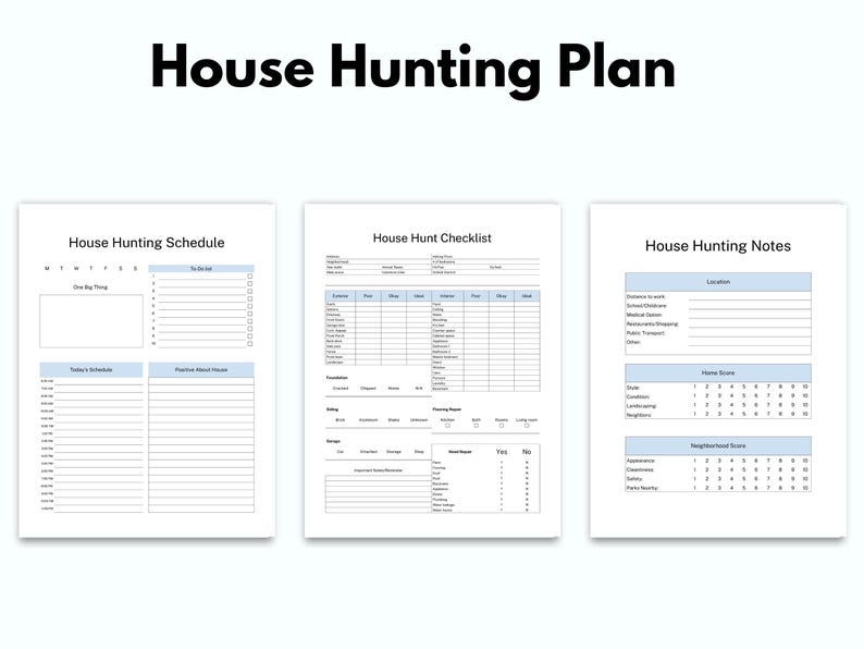 May include: Printable house hunting planner with three sections: a schedule, a checklist, and notes. The schedule section has columns for days of the week, one big thing, today's schedule, and positive about places. The checklist section has columns for address, square footage, price, and other details. The notes section has space for location, home score, and neighborhood score.