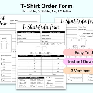 T-Shirt Order Form Template: Custom Shirt Business Form (Canva Editable, Fillable PDF)