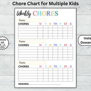 Könnte beinhalten: Eine weiße Aufgabenliste für mehrere Kinder mit dem Text "Weekly CHORES" in bunten Buchstaben. Die Liste enthält Felder für Namen, Aufgaben und einen Belohnungsbereich. Sie hat ein Raster für jeden Wochentag.