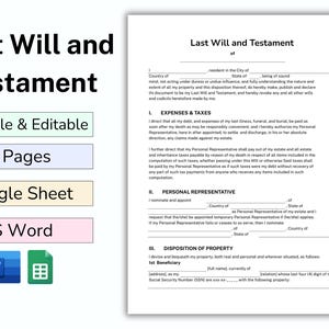 Könnte beinhalten: Eine druckbare Vorlage für ein Testament in einem hellblauen, grünen und rosafarbenen Farbschema. Das Dokument ist in den Formaten Google Sheet und MS Word verfügbar. Das Dokument umfasst 5 Seiten.