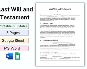 Editable Last will And Testament, End Of life Planner, Funeral Planner, Last Will and Testament form, Document for Estate, Emergency Binder