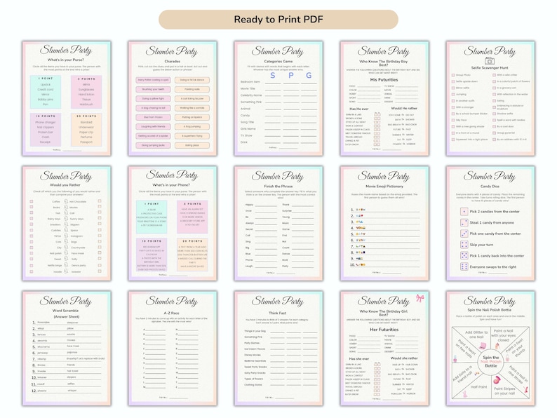 May include: A set of 12 printable slumber party game cards with a pastel pink, blue, and green color scheme. The games include "What's in your Phone?", "Would you Rather", "Inside the Phrase", "Movie Emoji Pictionary", "Candy Dice", "Word Scramble", "A-Z Guess", "Three Facts", "Who Knows the Birthday Girl Best?", and "Spin the Bottle".