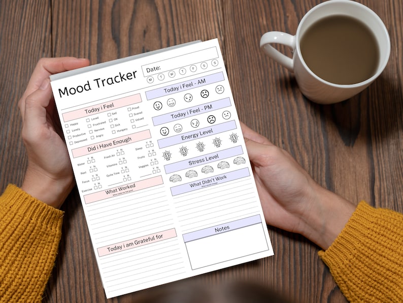 May include: A printable mood tracker with sections for daily mood, energy level, stress level, what worked, what didn't work, and a gratitude section. The tracker also includes a section for notes.