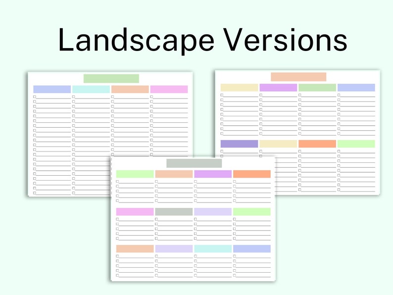K&ouml;nnte beinhalten: Drei wei&szlig;e, querformatige Notizbl&ouml;cke mit farbigen Kopfzeilen. Jeder Notizblock hat ein Raster aus Linien und Kontrollk&auml;stchen. Der Text "Landscape Versions" steht oben. Die Notizbl&ouml;cke befinden sich auf einem hellgr&uuml;nen Hintergrund.