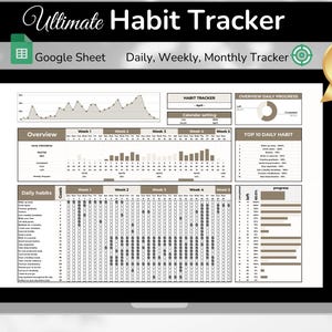 Puede incluir: Una captura de pantalla de una hoja de cálculo de Google Sheet en la pantalla de una computadora portátil. La hoja de cálculo es un rastreador de hábitos con secciones para el seguimiento diario, semanal y mensual. La hoja de cálculo tiene un esquema de color marrón y blanco. El título de la hoja de cálculo es "Ultimate Habit Tracker".