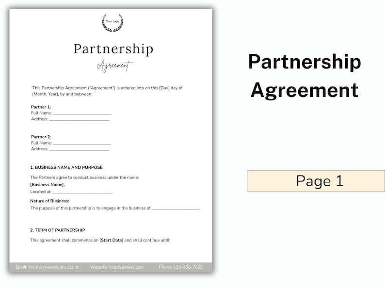 Editable Partnership Agreement Template, Partnership Contract, Business ...