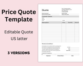 PRICE QUOTE TEMPLATE, Editable Quotation Form, Price Offer Document for Small Business, Invoice Order, Printable Price Estimate Template