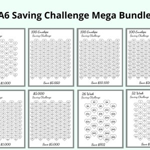 May include: A collection of A6 saving challenge printables. Each printable features a grid of hearts with amounts to save, designed to track savings goals. The bundle includes challenges to save $1,000, $5,000, $10,100, and $20,200.