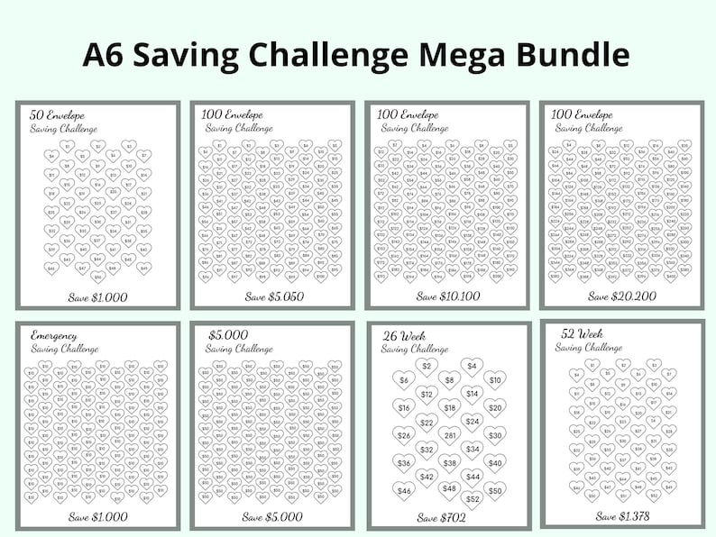 May include: A collection of A6 saving challenge printables. Each printable features a grid of hearts with amounts to save, designed to track savings goals. The bundle includes challenges to save $1,000, $5,000, $10,100, and $20,200.