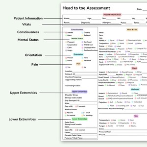 May include: A white medical assessment form titled "Head to toe Assessment" with sections for patient information, vitals, consciousness, mental status, orientation, pain, upper and lower extremities. Includes checkboxes and fill-in areas.