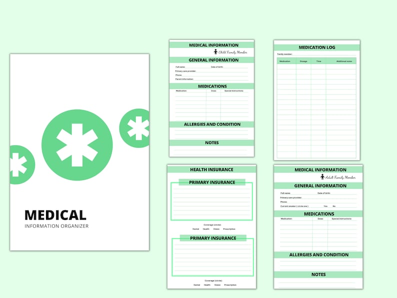 May include: A printable medical information organizer with a green star symbol and the text "MEDICAL INFORMATION ORGANIZER". The organizer includes sections for general information, medications, allergies and conditions, notes, health insurance, and a medication log.