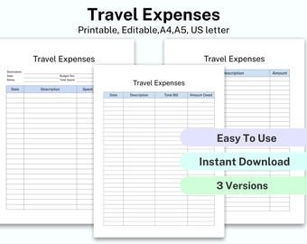 Printable Travel Expenses Tracker, Vacation Budget Planner, Daily Expenses Template, Vacation Spending Log, Travel Budget, Instant Download