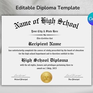 Editable High School Diploma, Graduation Certificate, Diploma Certificate Template, Diploma Replica Template, Homeschool Diploma, Printable