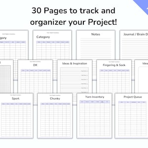 May include: A printable planner with 30 pages to track and organize projects. The pages include sections for yarn inventory, ideas, notes, and sketches. The text "30 Pages to track and organizer your Project!" is at the top.