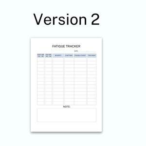 May include: A white paper document titled Version 2 and FATIGUE TRACKER. The form includes a date line and a table with columns for start time, end time, severity, symptoms, possible target, and treatment, followed by a blank section for notes.