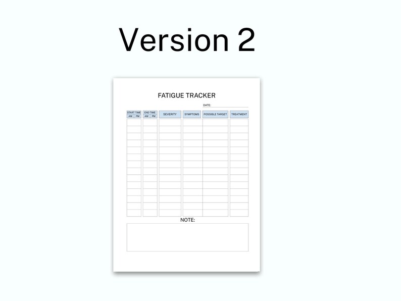 May include: A white paper document titled Version 2 and FATIGUE TRACKER. The form includes a date line and a table with columns for start time, end time, severity, symptoms, possible target, and treatment, followed by a blank section for notes.