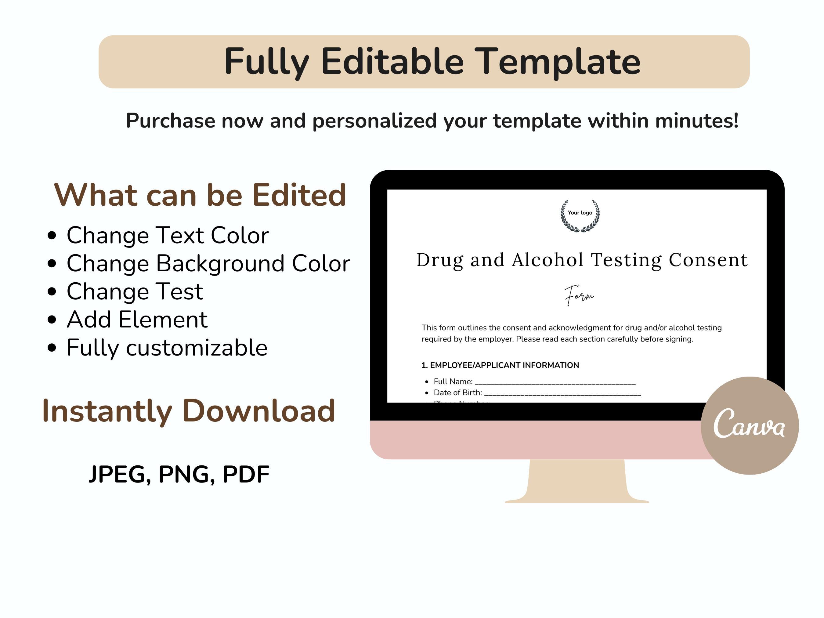 Editable Drug and Alcohol Testing Consent Form Template, Testing ...