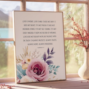 1 Corinthians 13, Love Is Patient | Bible Verse Wall Art | Christian Scripture | Floral Home Decor