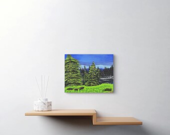 Pines By the Lake Original Acrylic Painting on 14x11 Stretched Canvas.