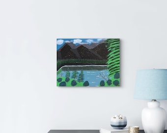 Piney Mountain Lake Original Acrylic Painting, 16x12 Textured Canvas Board, Unframed