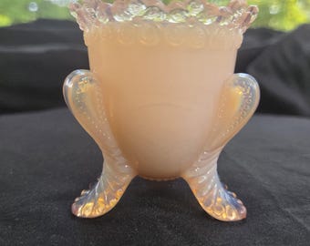 Pink Opalescent Toothpick Holder Antique Glass 3 Foot Floral Rim Attributed Boyd Fenton