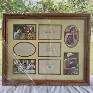 May include: A rectangular brown wooden collage picture frame with multiple openings for photos. The matting features text including 4x6in openings, Jumbo Prints, Collection Frame, and 16x20in / 40x50cm. The frame is wrapped in clear plastic film.