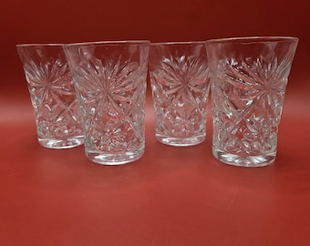 Juego de 4 vasos de jugo vintage Starburst, de vidrio prensado con diseño de diamante, de mediados de siglo, vasos pequeños, estilo retro para bar.