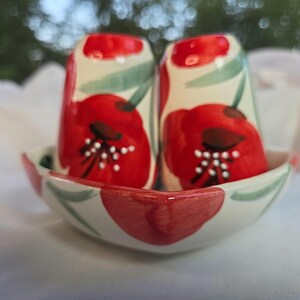 May include: A ceramic salt and pepper shaker set featuring a hand-painted red poppy floral pattern on a cream background, resting inside a matching small ceramic bowl that also displays the same red flower and green leaf design.