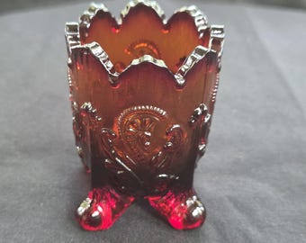 Ruby Red Auburn Inverted Fan & Feather Toothpick Holder Antique Glass