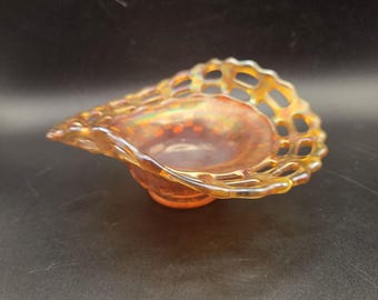Vintage Marigold Carnival Glass Pedestal Bowl Openwork Rim Iridescent Candy Dish 6 Inch