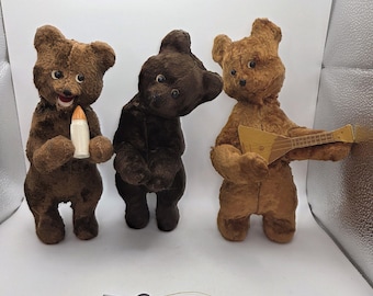 Vintage Wind-Up Teddy Bear Trio Working Musical Plush Bears Soviet Style Balalaika Baby Bottle Mid Century Toy Set