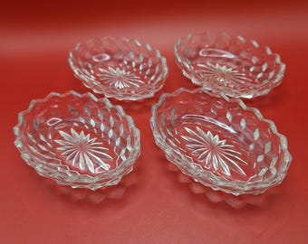 Vintage Set of 4 Clear Pressed Glass Salt Cellars Nut Dishes Starburst Pattern Oval Trinket Bowls