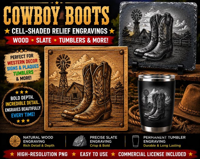 Featured listing image: Cowboy Boots Cell-Shaded Relief Engraving PNG | Western Laser Engraving File for Wood, Slate & Tumblers | xTool LightBurn