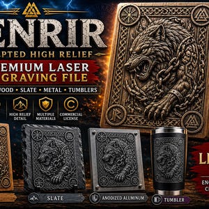 May include: A digital advertisement for a Fenrir laser engraving file featuring a high-relief wolf design. The image displays the design engraved on wood, slate, anodized aluminum, and a tumbler, with text detailing laser readiness and commercial license.