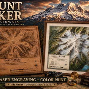 Bundel met topografische reliëfs van Mount Baker | 8 PNG-bestanden | Lasergravure & gekleurde wanddecoratie