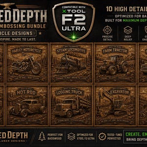 Puede incluir: Un paquete de productos digitales titulado Forged Depth que presenta 10 diseños de vehículos de alto detalle para grabado láser. El gráfico muestra un muscle car, una motocicleta, una locomotora, un tractor, una camioneta, un camión, un hot rod, un camión maderero, una excavadora y una excavadora.