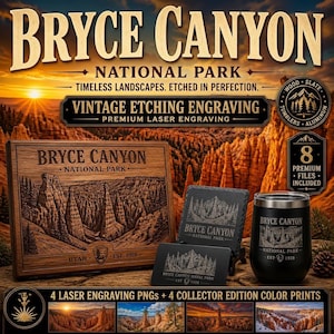 May include: A collection of Bryce Canyon National Park laser-engraved items including a rectangular wooden plaque, a square slate coaster, a black metal business card, and a black stainless steel tumbler, all featuring detailed canyon landscape art.
